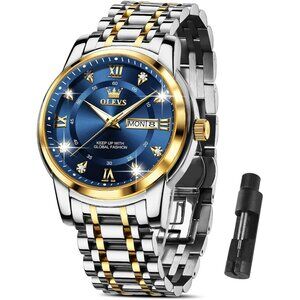 Olevs Men's Gold and Blue Stainless Steel Man Watch  Luminous Stylish Watch